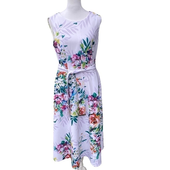 DKNY Ladies White Floral Sleeveless Midi A-line Round Neck Dress With Belt Sz 6 - Picture 12 of 15